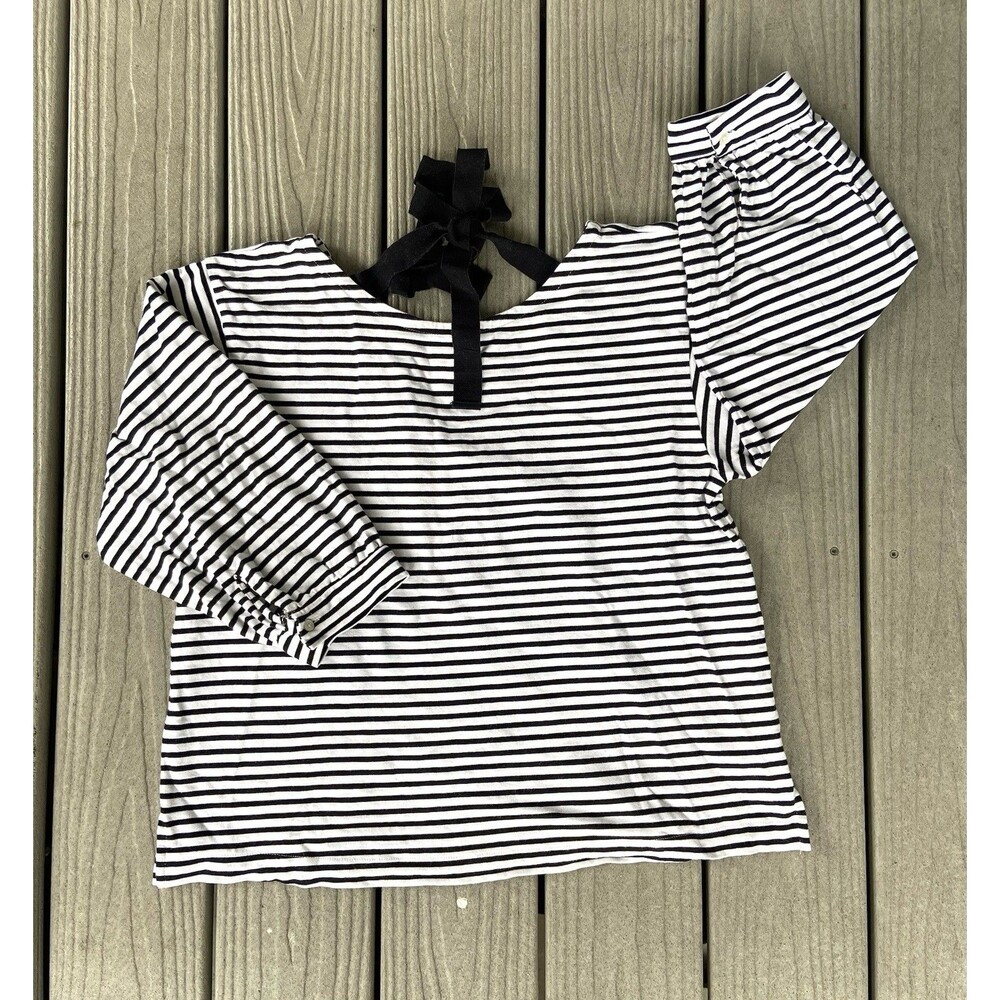 J.Crew Women’s Large Black White Striped Cotton Tie Back Puff Sleeve Top